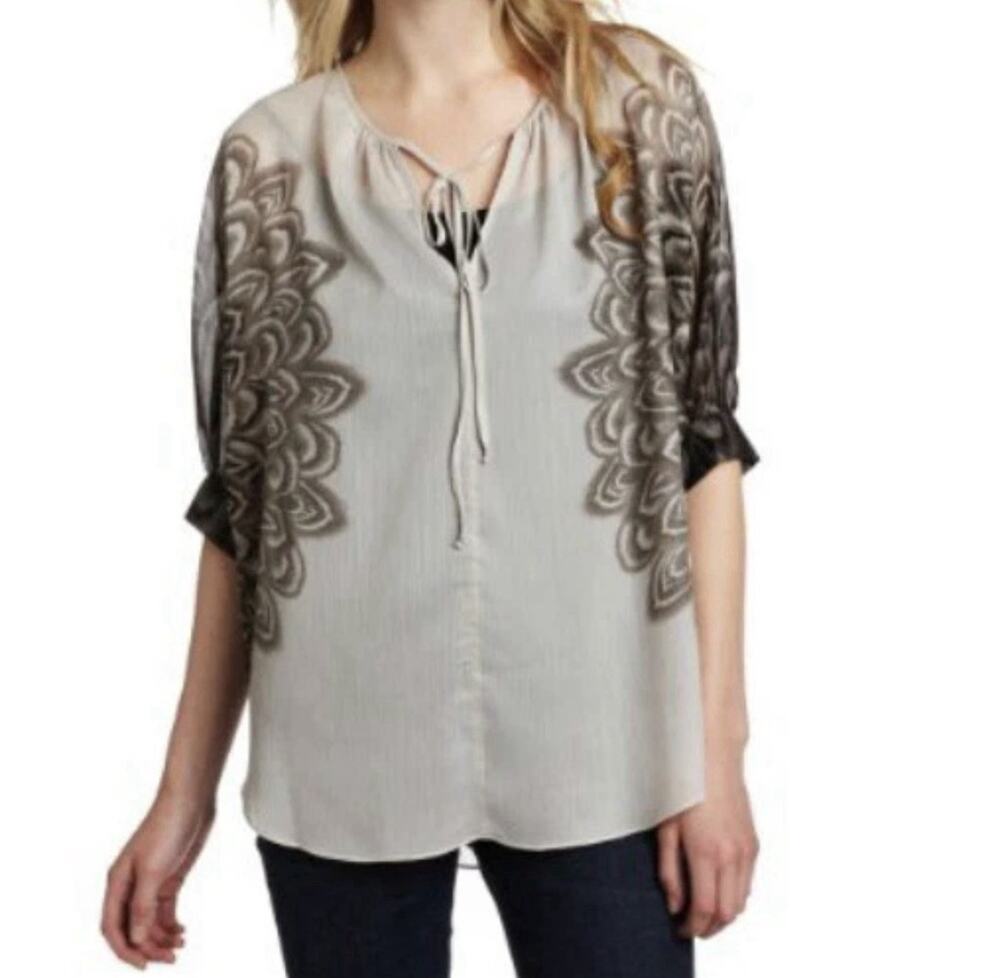 BCBGMAXAZRIA Fiona Poet Sleeve Printed Feathers Black Gray Taupe Top Size Small